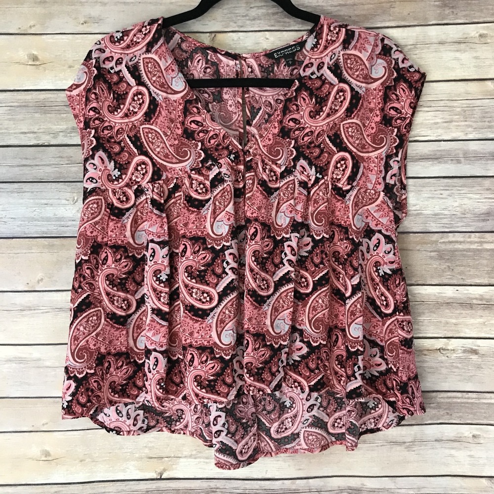 Express Top Womens S Pink Paisley Open Back Blouse Woven Short Sleeve V-Neck